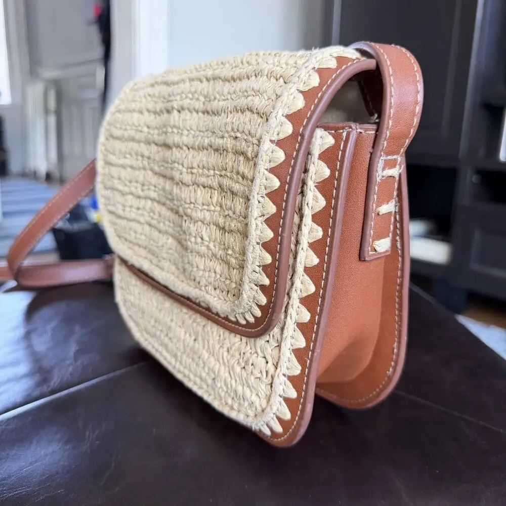 MNG Crossbody Bag Womens Small Beige Straw Brown Trim Scalloped Boho Beach